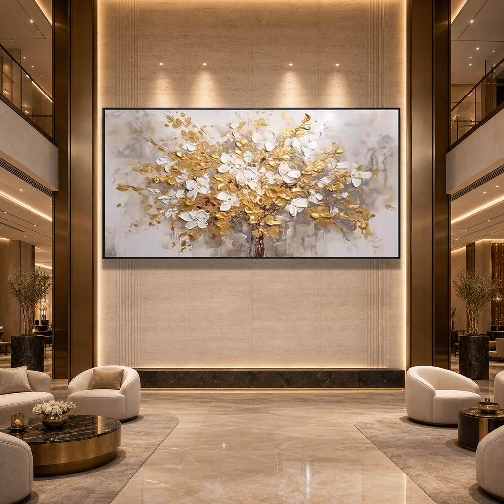 GOLDEN GARDEN: White Blossoms Gold Accents Impasto Canvas