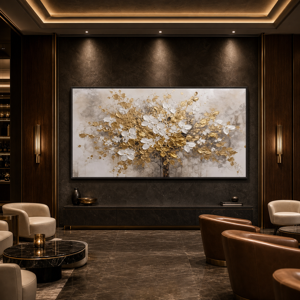 GOLDEN GARDEN: White Blossoms Gold Accents Impasto Canvas
