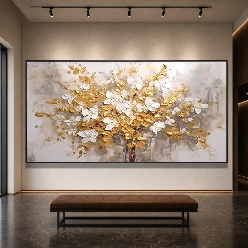GOLDEN GARDEN: White Blossoms Gold Accents Impasto Canvas