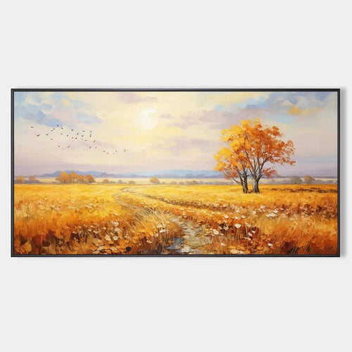 Textured Golden Harvest landscape painting: golden field at sunset, vibrant autumn trees, birds in flight, by Isabella Rossi.