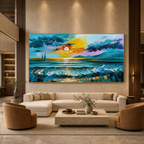 GOLDEN HORIZON: Golden Sunset Ocean Waves Sailboat Textured Canvas