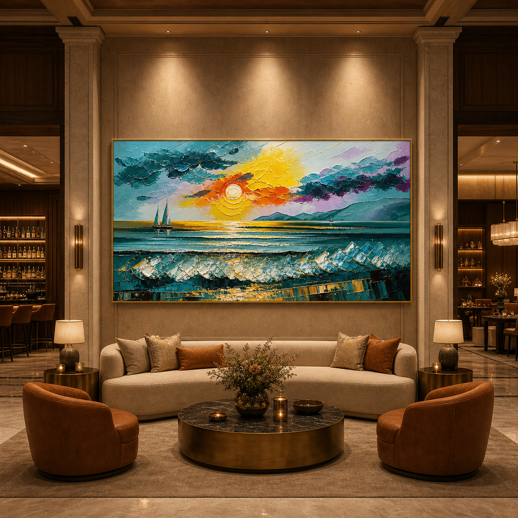 GOLDEN HORIZON: Golden Sunset Ocean Waves Sailboat Textured Canvas
