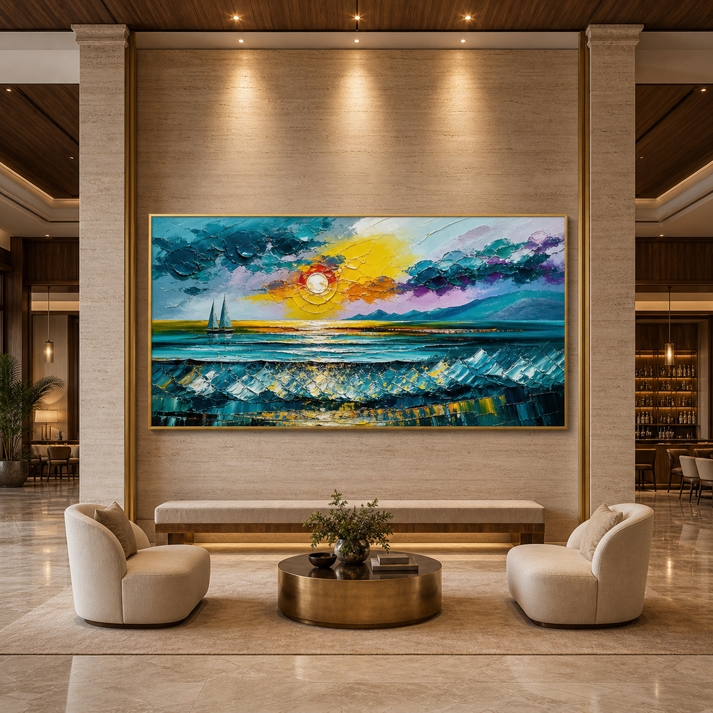 GOLDEN HORIZON: Golden Sunset Ocean Waves Sailboat Textured Canvas