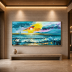 GOLDEN HORIZON: Golden Sunset Ocean Waves Sailboat Textured Canvas