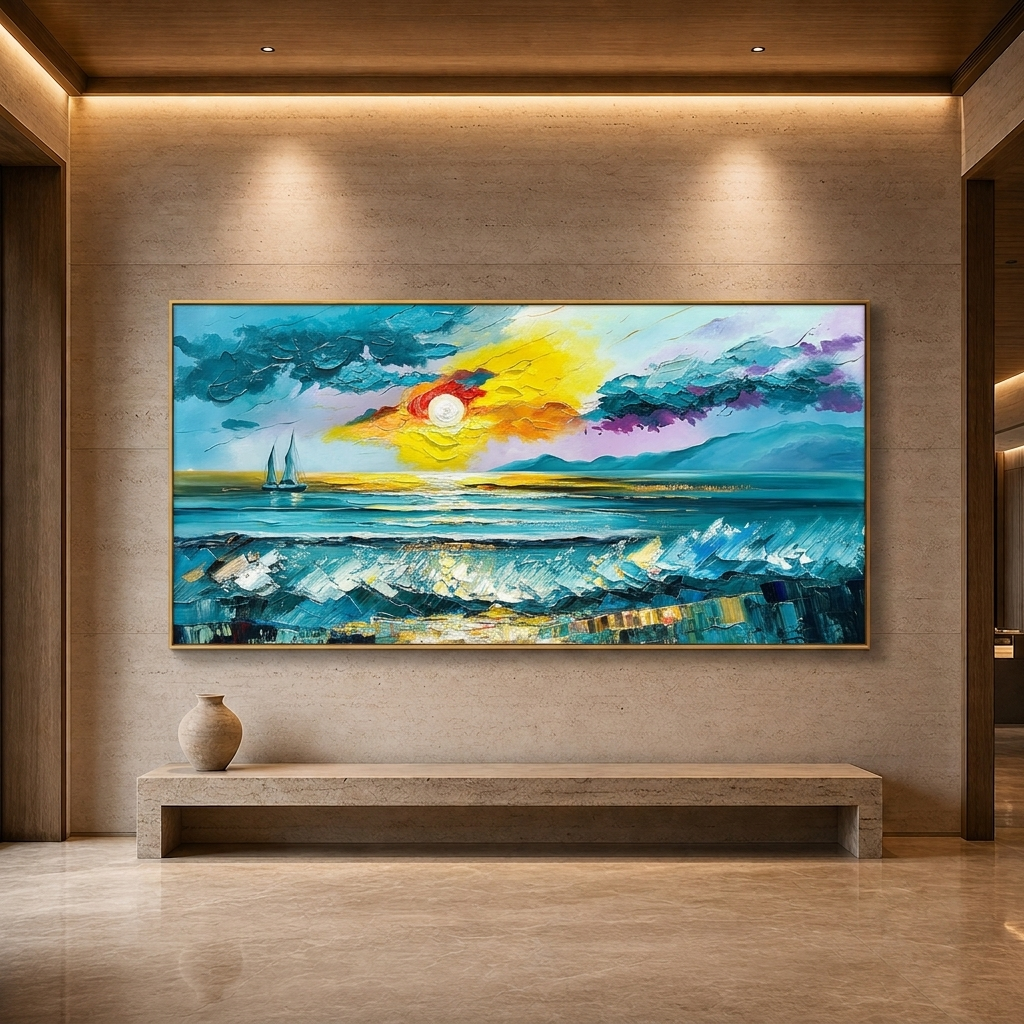 GOLDEN HORIZON: Golden Sunset Ocean Waves Sailboat Textured Canvas
