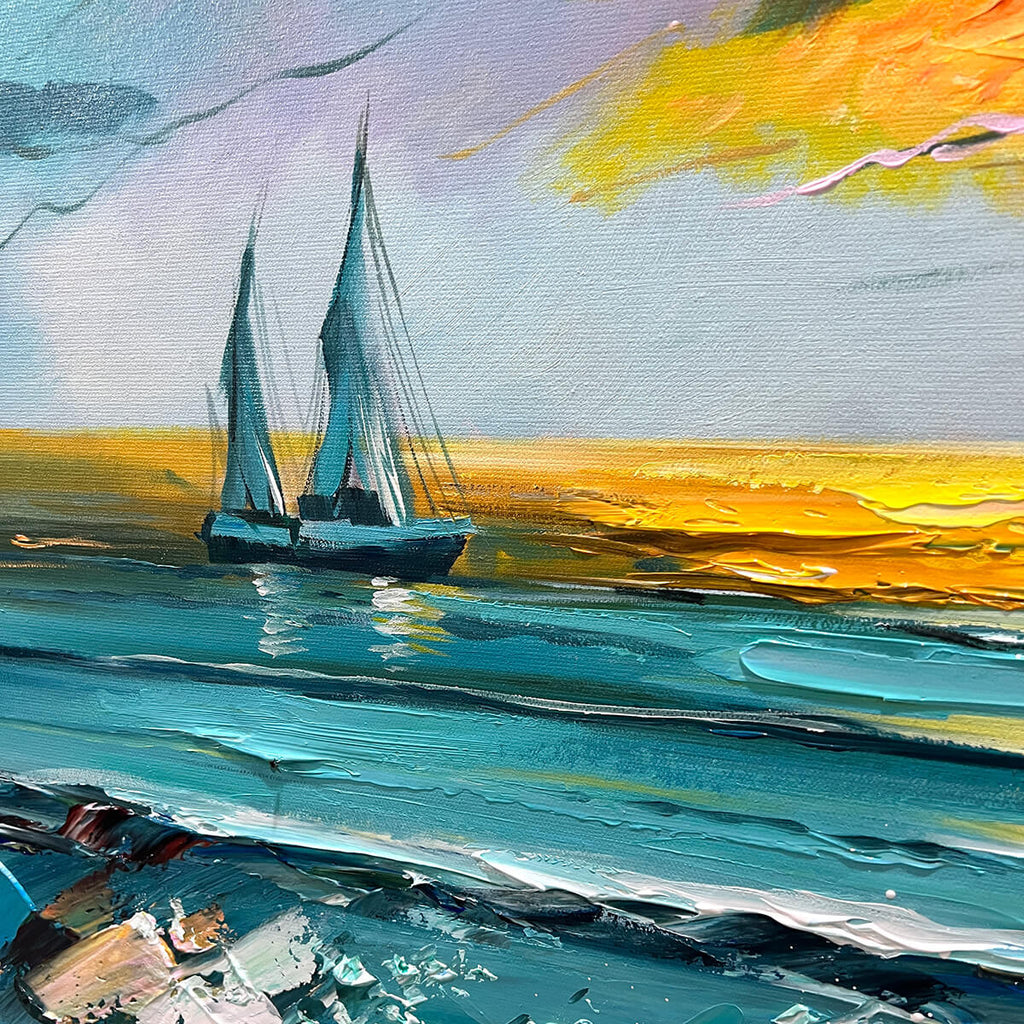 GOLDEN HORIZON: Golden Sunset Ocean Waves Sailboat Textured Canvas