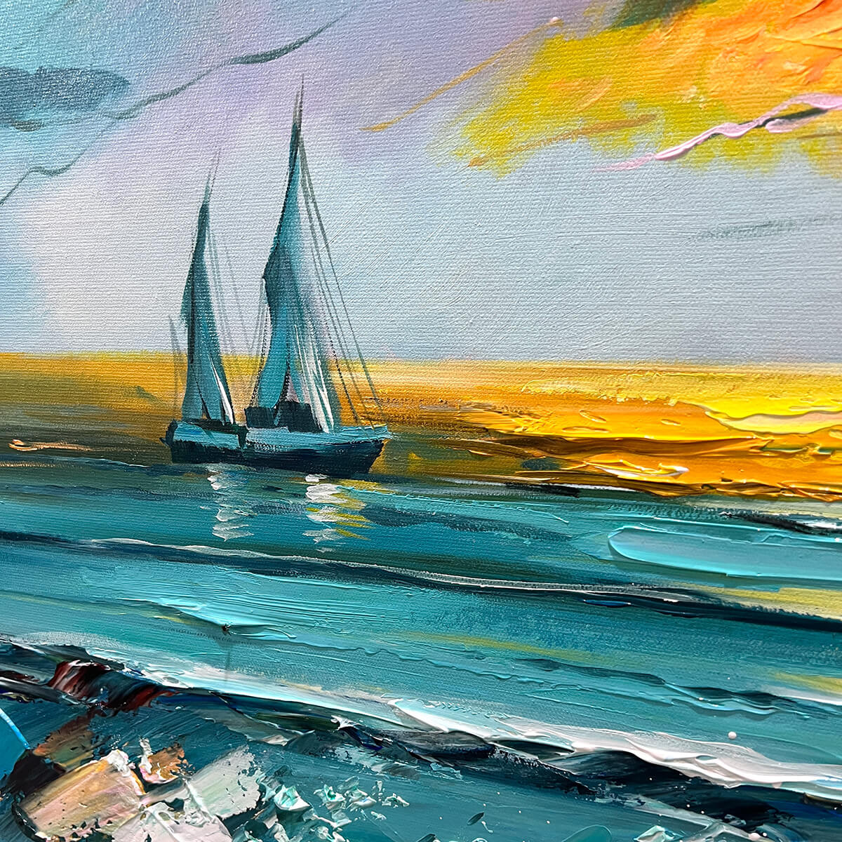 GOLDEN HORIZON: Golden Sunset Ocean Waves Sailboat Textured Canvas