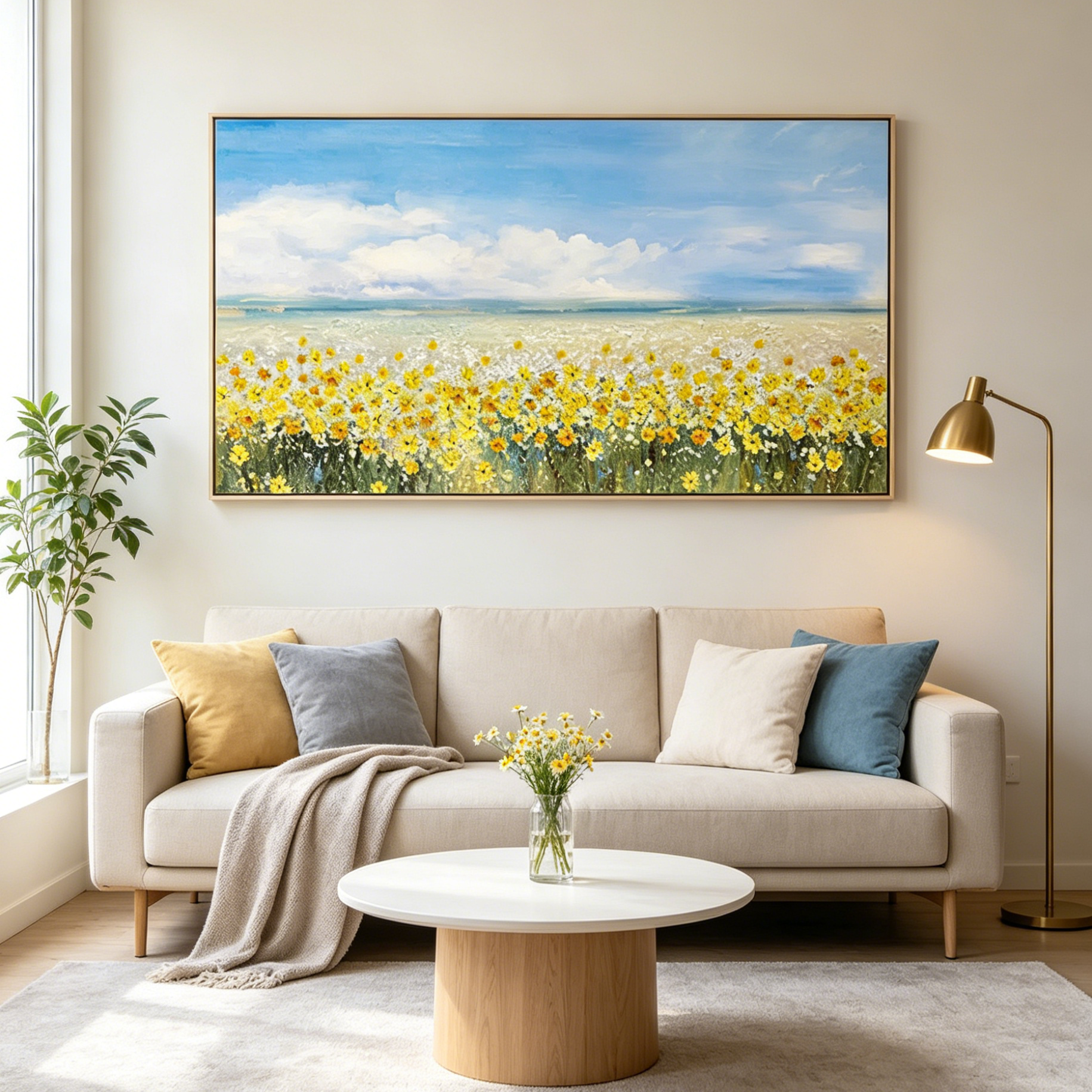 GOLDEN HOUR BLOOM: Panoramic Yellow Wildflowers And Blue Sky Canvas