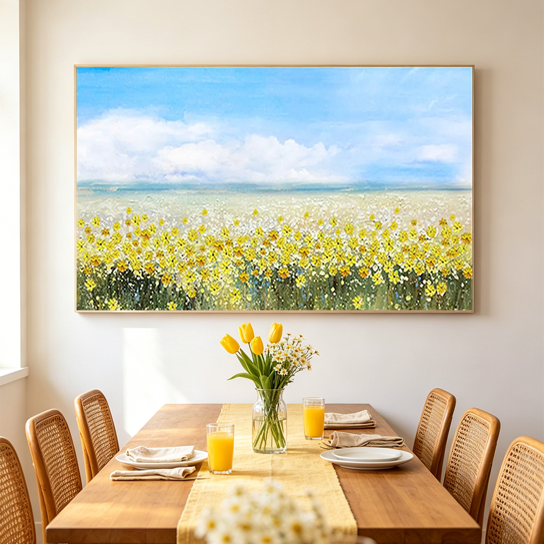 GOLDEN HOUR BLOOM: Panoramic Yellow Wildflowers And Blue Sky Canvas