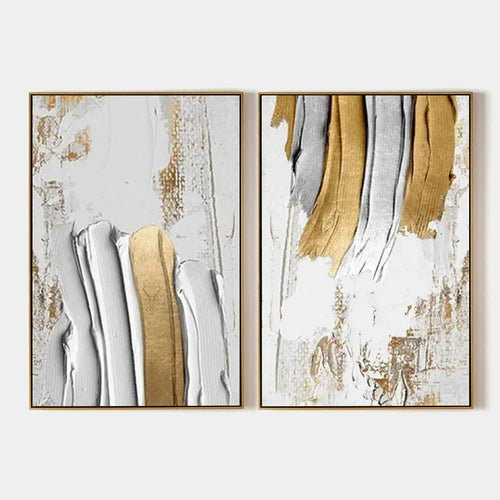 Golden Lines Diptych: Textured abstract wall art set of 2, vertical gold and silver impasto painting.