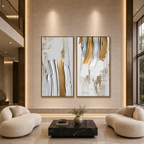 GOLDEN LINES DIPTYCH: Gold Silver White Textured Abstract Canvas Set Of 2