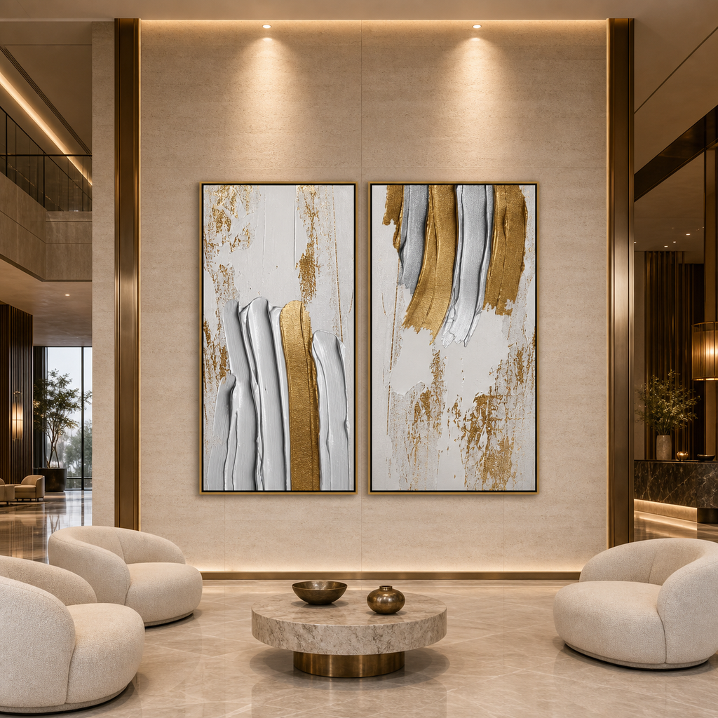 GOLDEN LINES DIPTYCH: Gold Silver White Textured Abstract Canvas Set Of 2