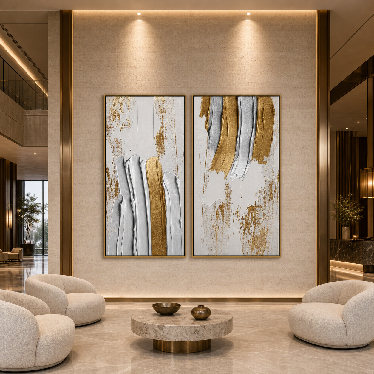 GOLDEN LINES DIPTYCH: Gold Silver White Textured Abstract Canvas Set Of 2