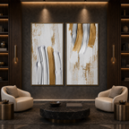 GOLDEN LINES DIPTYCH: Gold Silver White Textured Abstract Canvas Set Of 2