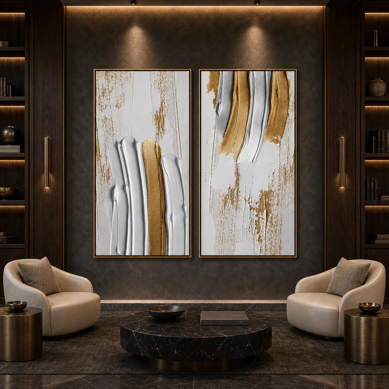 GOLDEN LINES DIPTYCH: Gold Silver White Textured Abstract Canvas Set Of 2