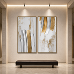 GOLDEN LINES DIPTYCH: Gold Silver White Textured Abstract Canvas Set Of 2