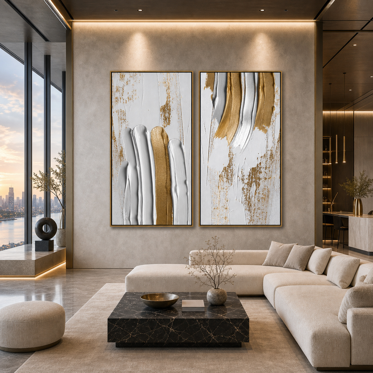 GOLDEN LINES DIPTYCH: Gold Silver White Textured Abstract Canvas Set Of 2