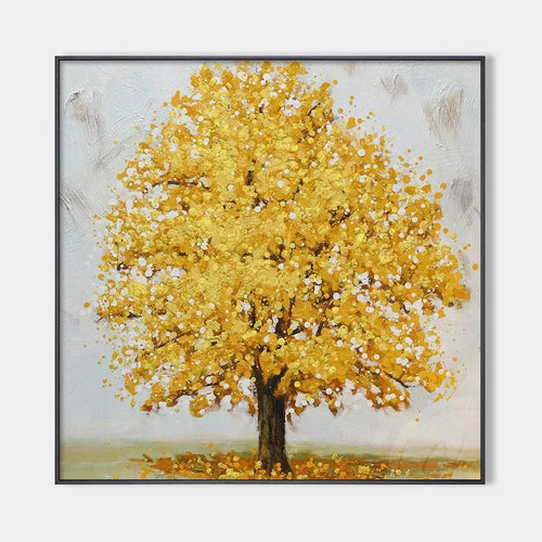 Golden Majesty, textured golden tree painting. Autumn-inspired square wall art, framed by Willow Davies.