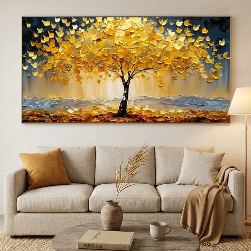 GOLDEN MAJESTY: Textured Impasto Serene Radiant Golden Tree Canvas