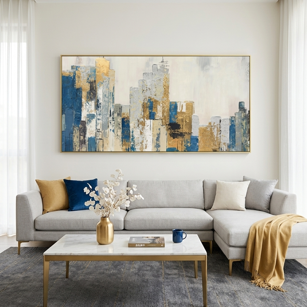 GOLDEN METROPOLIS: Vertical Gold Blue Abstract Cityscape Oil Painting