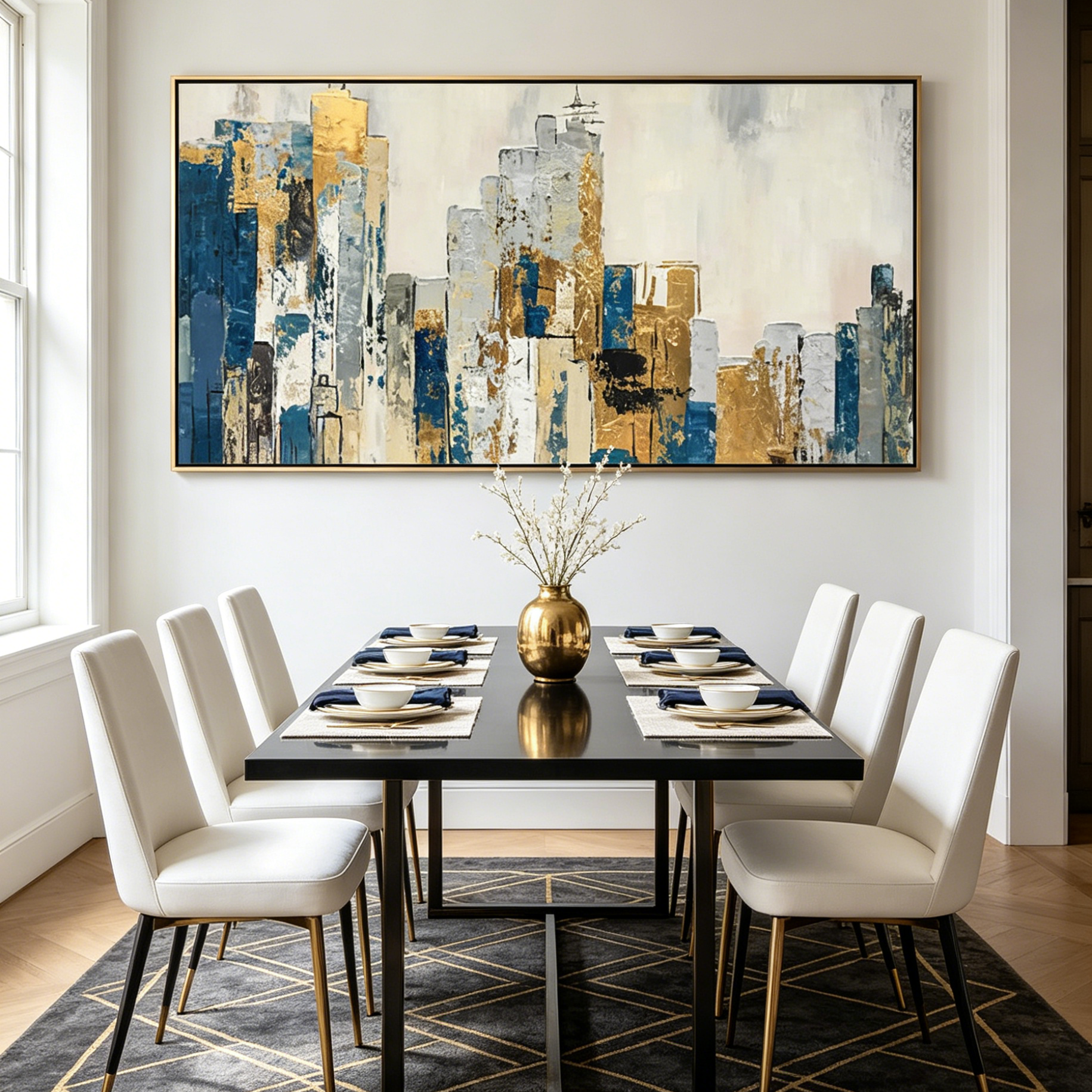 GOLDEN METROPOLIS: Vertical Gold Blue Abstract Cityscape Oil Painting