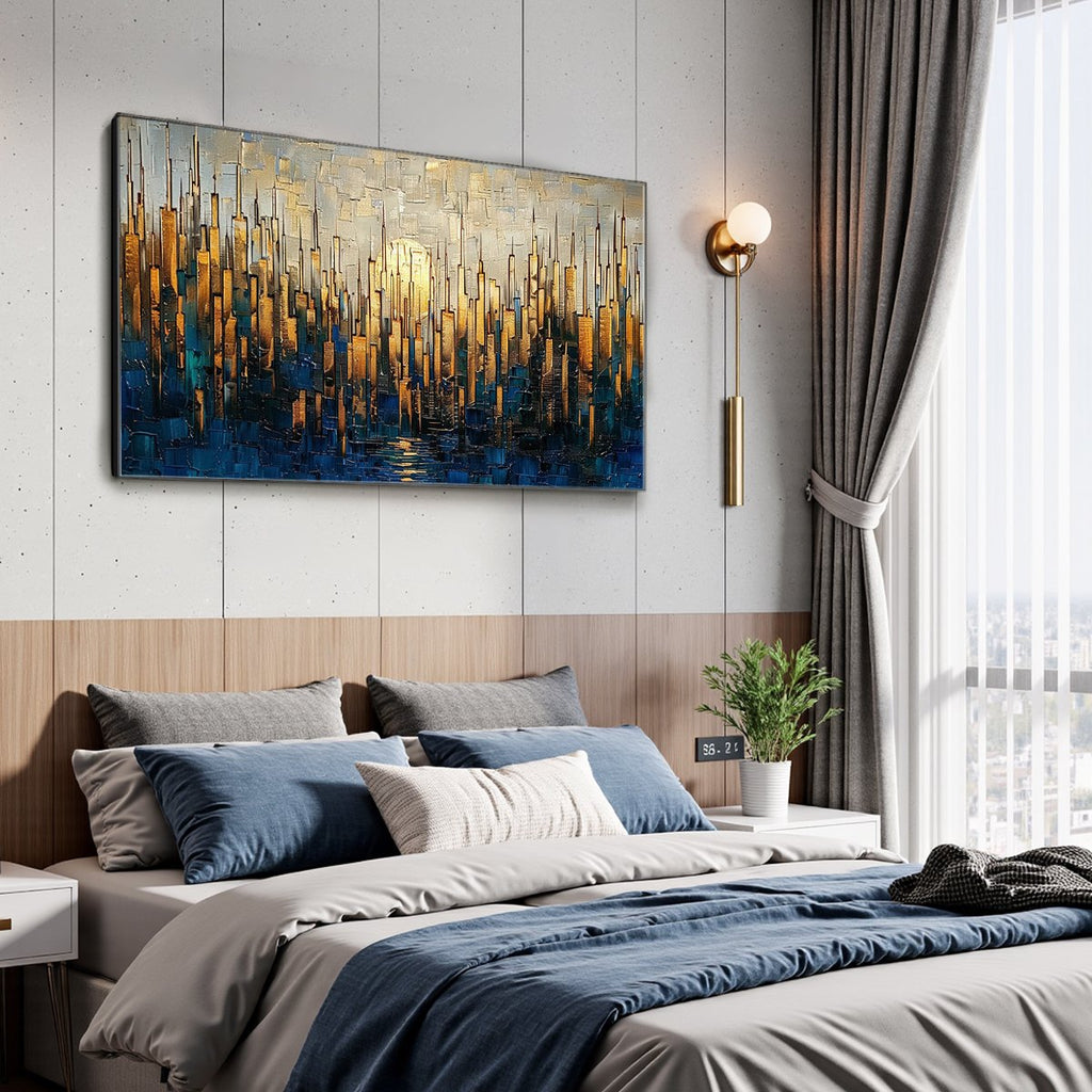GOLDEN METROPOLIS: Gold Skyline Oil Painting