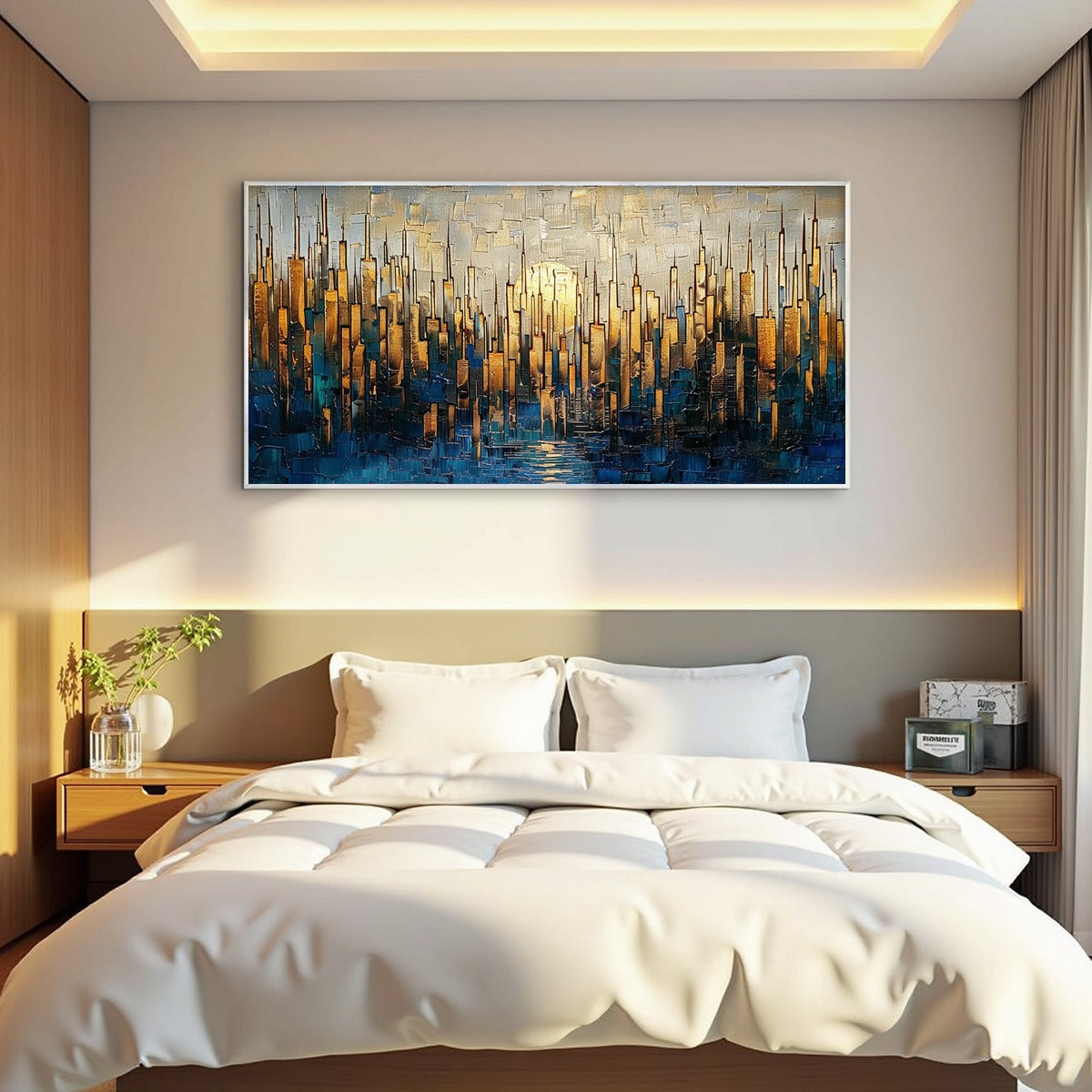GOLDEN METROPOLIS: Gold Skyline Oil Painting