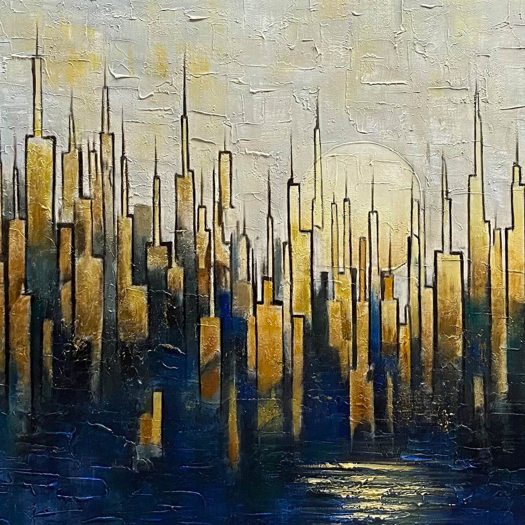 GOLDEN METROPOLIS: Gold Skyline Oil Painting