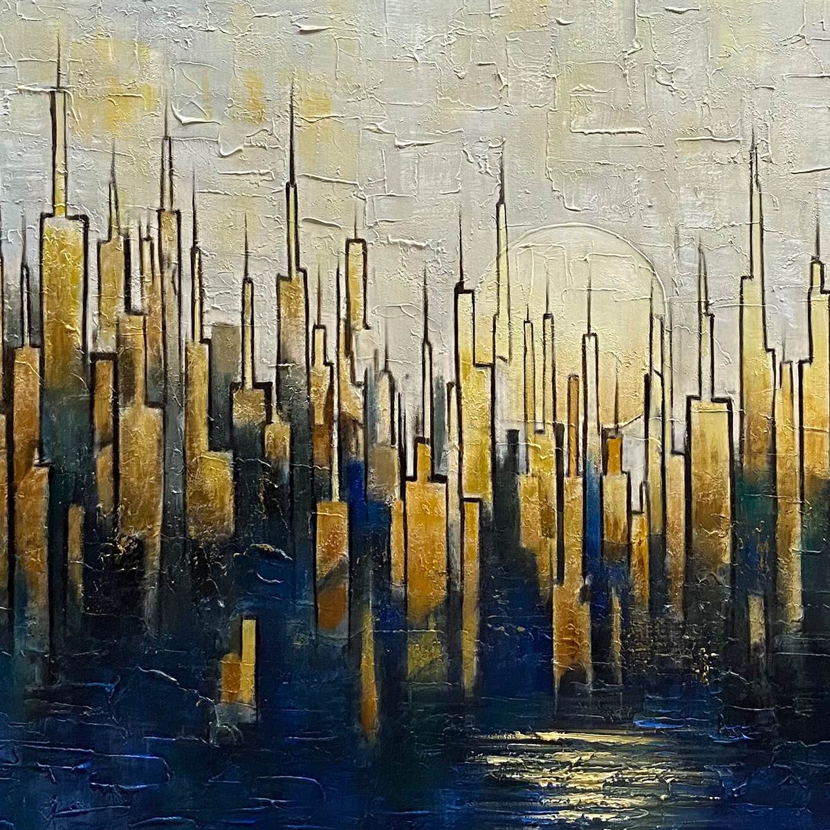 GOLDEN METROPOLIS: Gold Skyline Oil Painting