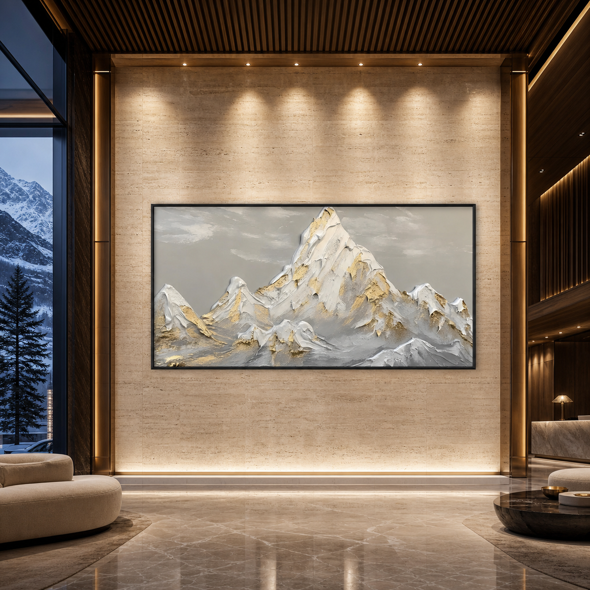 GOLDEN PEAKS: Textured Mountain Landscape Painting in Gold and Grey