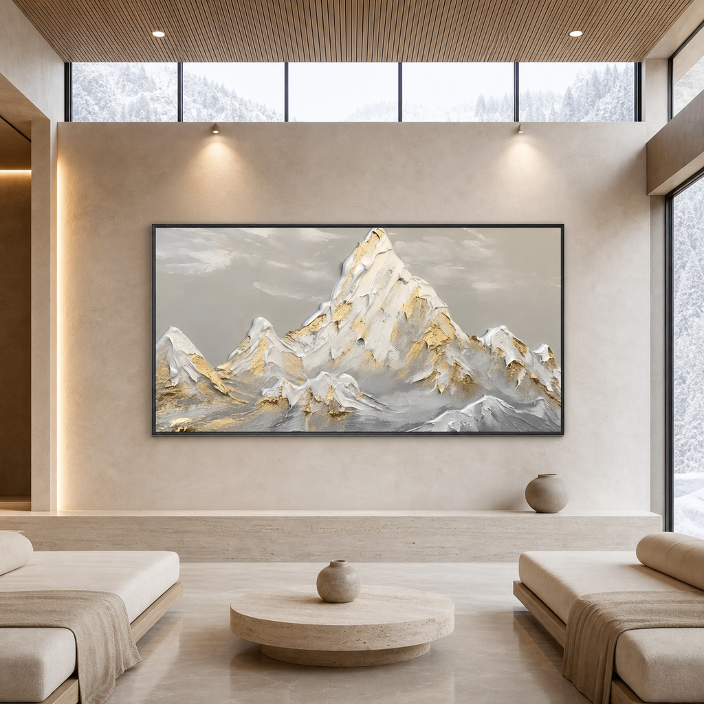 GOLDEN PEAKS: Textured Mountain Landscape Painting in Gold and Grey