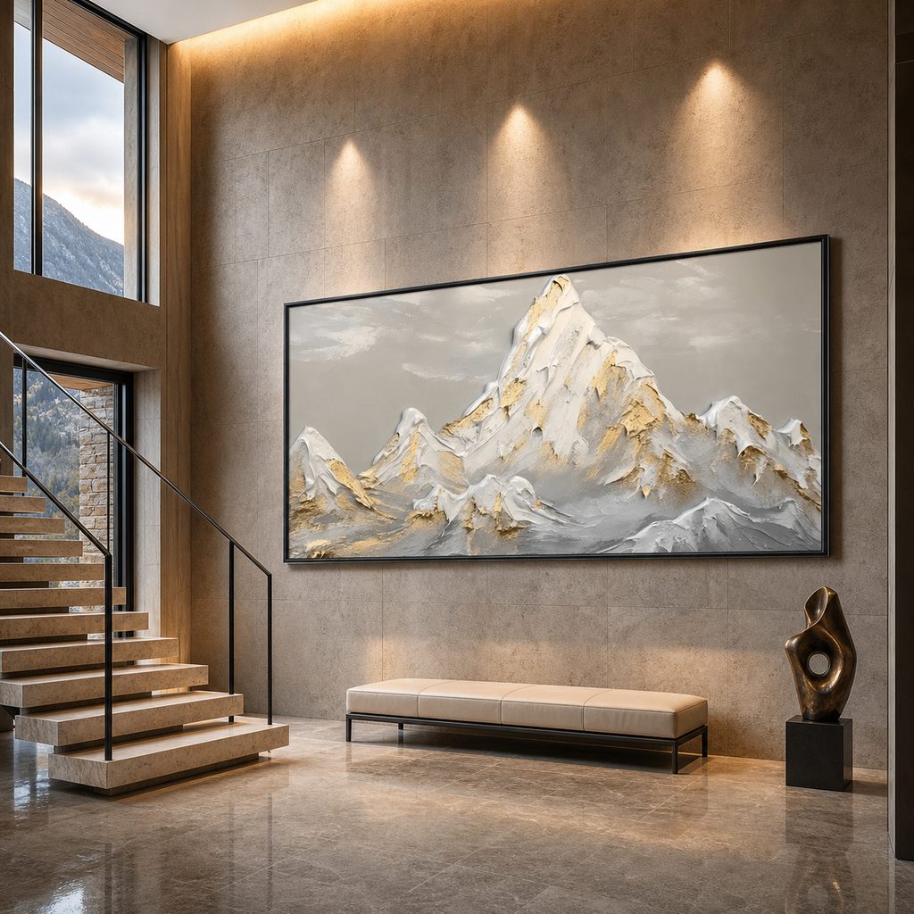 GOLDEN PEAKS: Textured Mountain Landscape Painting in Gold and Grey