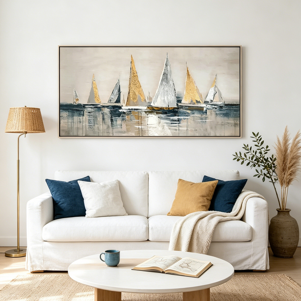 GOLDEN SAILBOATS: Textured Impasto Tranquil Seascape Canvas