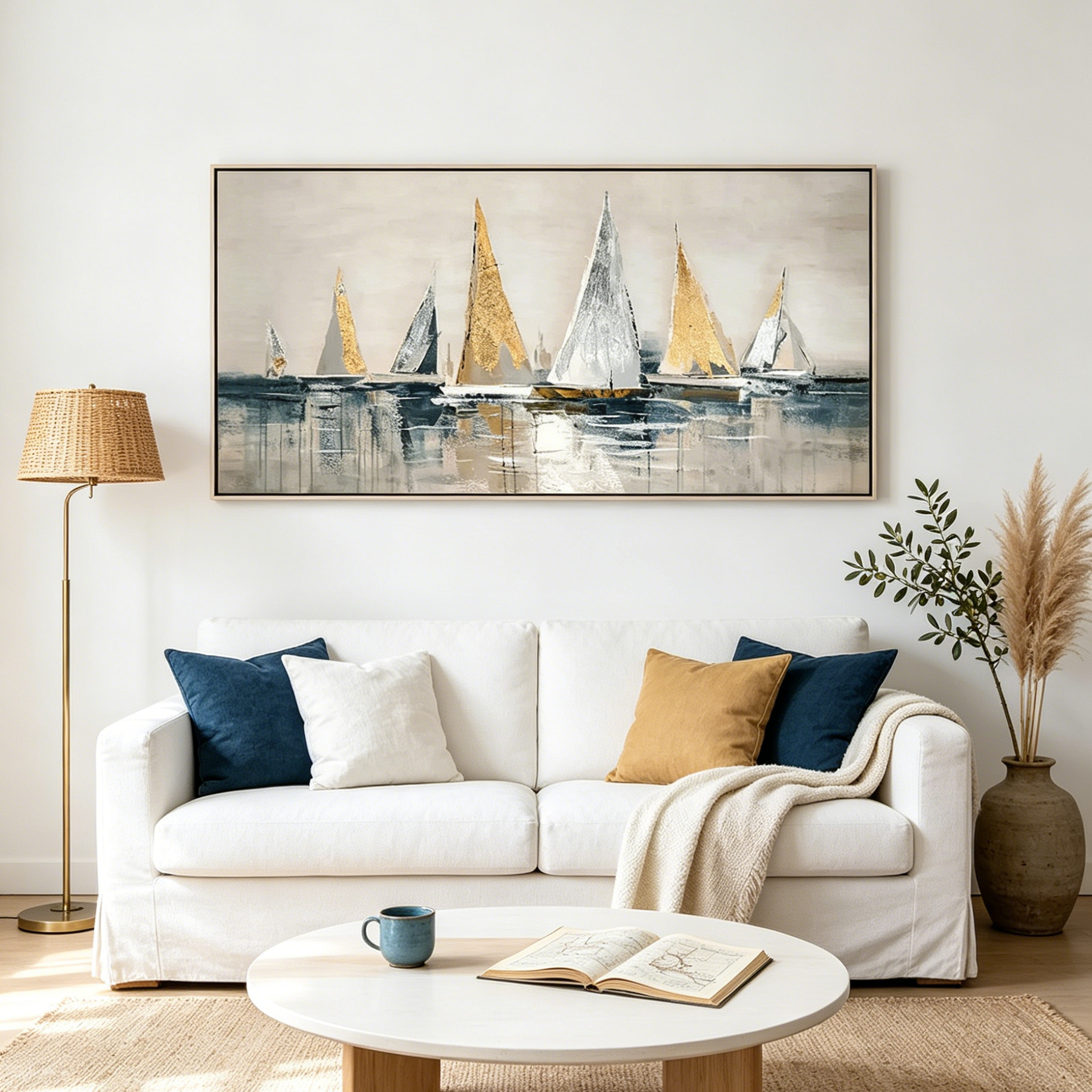 GOLDEN SAILBOATS: Textured Impasto Tranquil Seascape Canvas