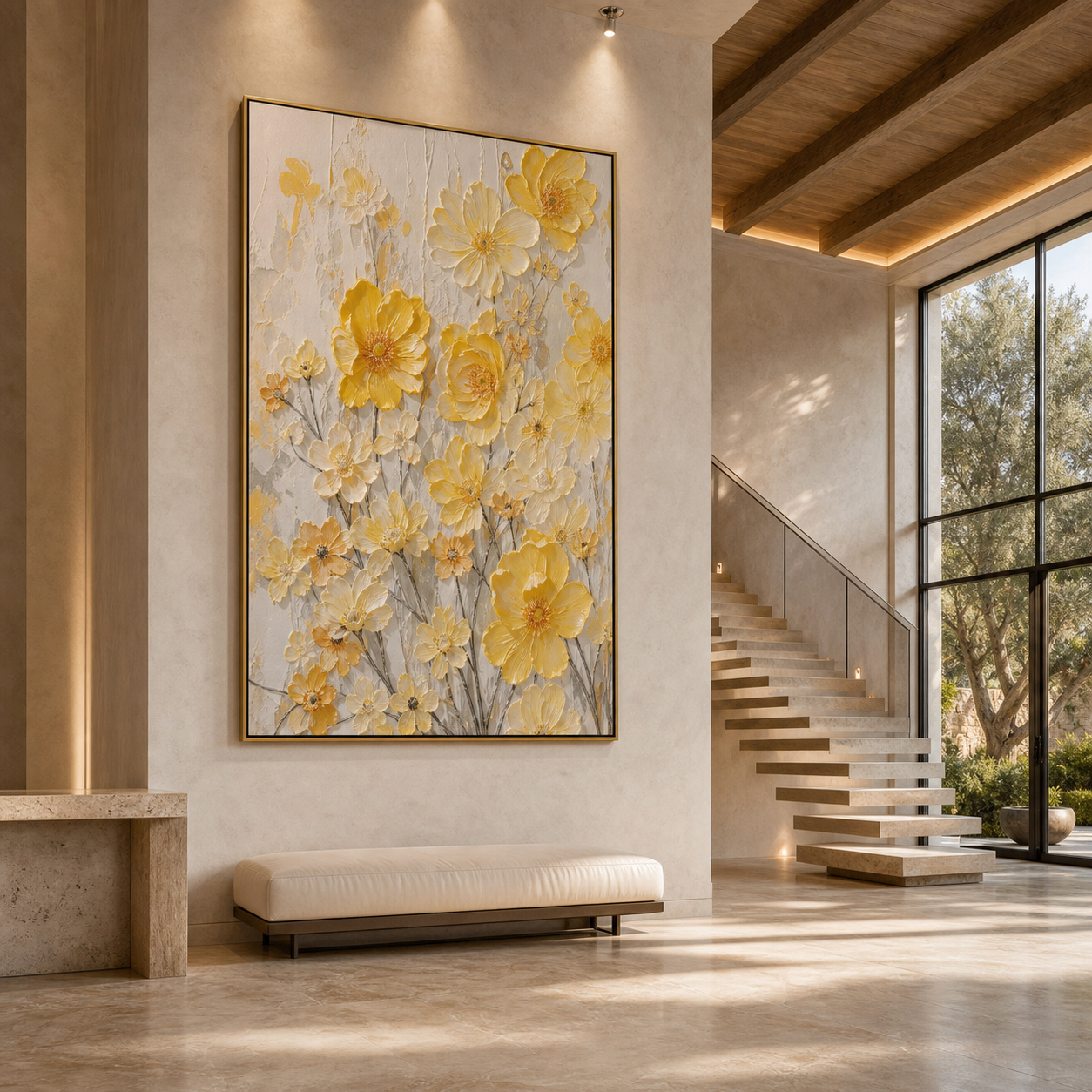 GOLDEN SUNFLOWERS: Golden Yellow Impasto Textured Parisian Canvas