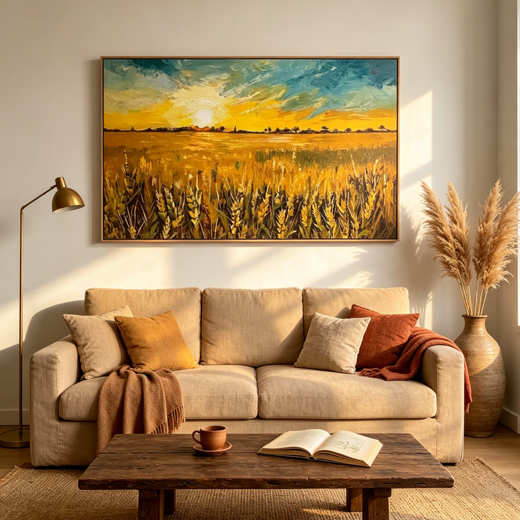 GOLDEN SUNSET FIELD: Textured Wheat Field Warm Glow Canvas
