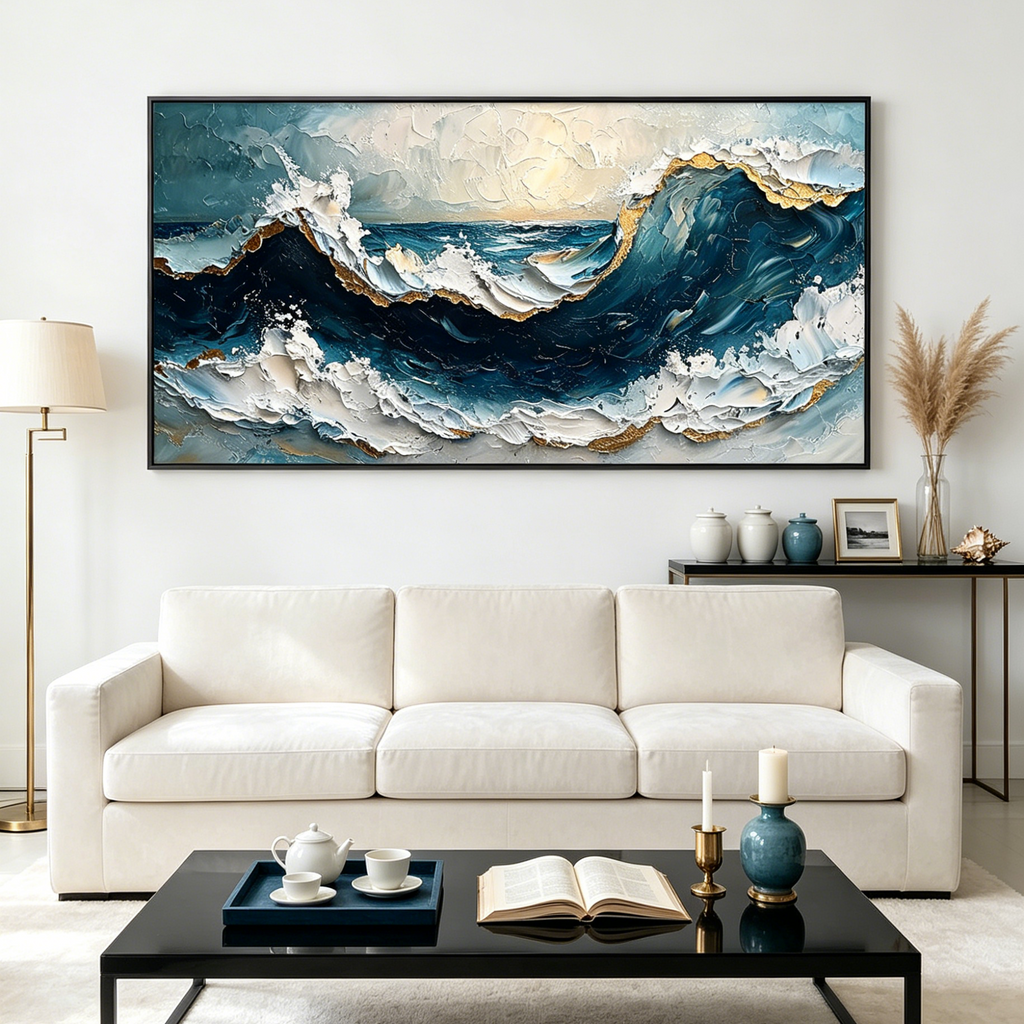 GOLDEN TIDE: Textured Impasto Gold Accents Dynamic Seascape Canvas