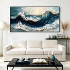 GOLDEN TIDE: Textured Impasto Gold Accents Dynamic Seascape Canvas