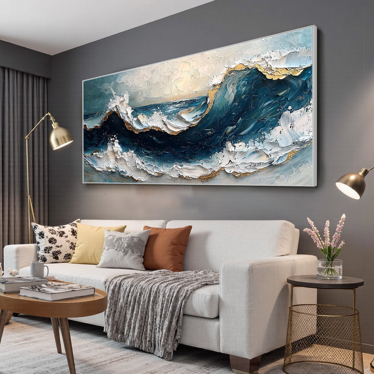 GOLDEN TIDE: Textured Impasto Gold Accents Dynamic Seascape Canvas