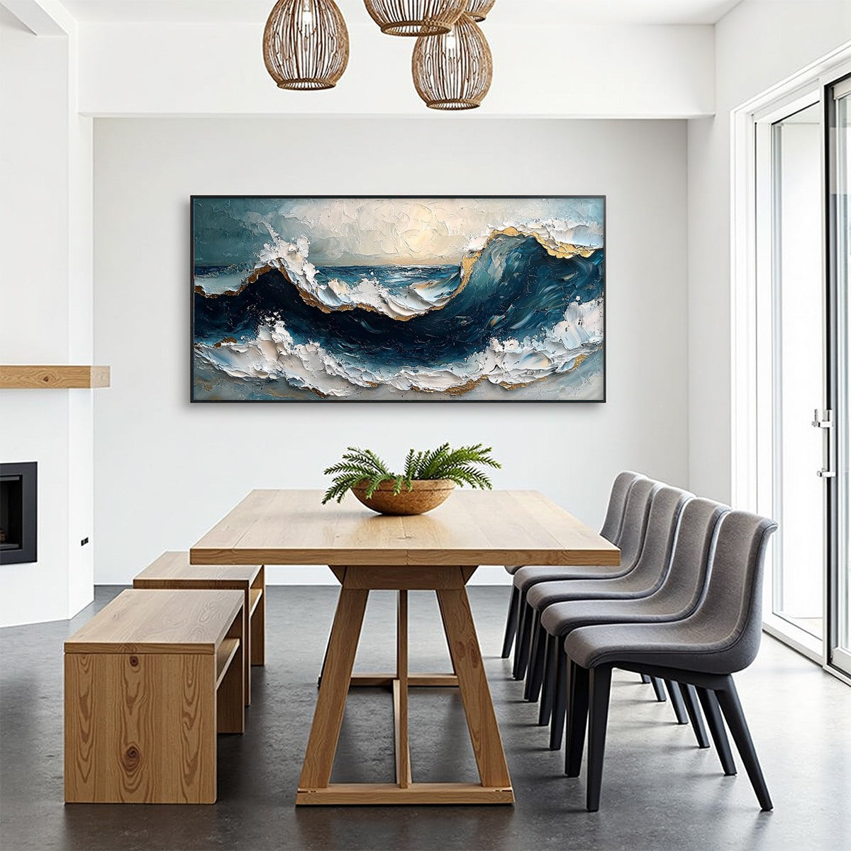 GOLDEN TIDE: Textured Impasto Gold Accents Dynamic Seascape Canvas