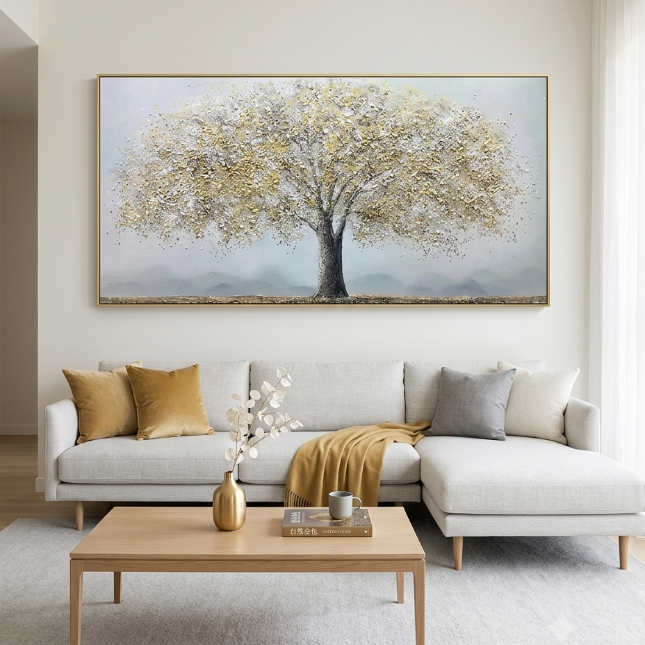 GOLDEN TREE: Textured Golden Leaves Grey Background Canvas