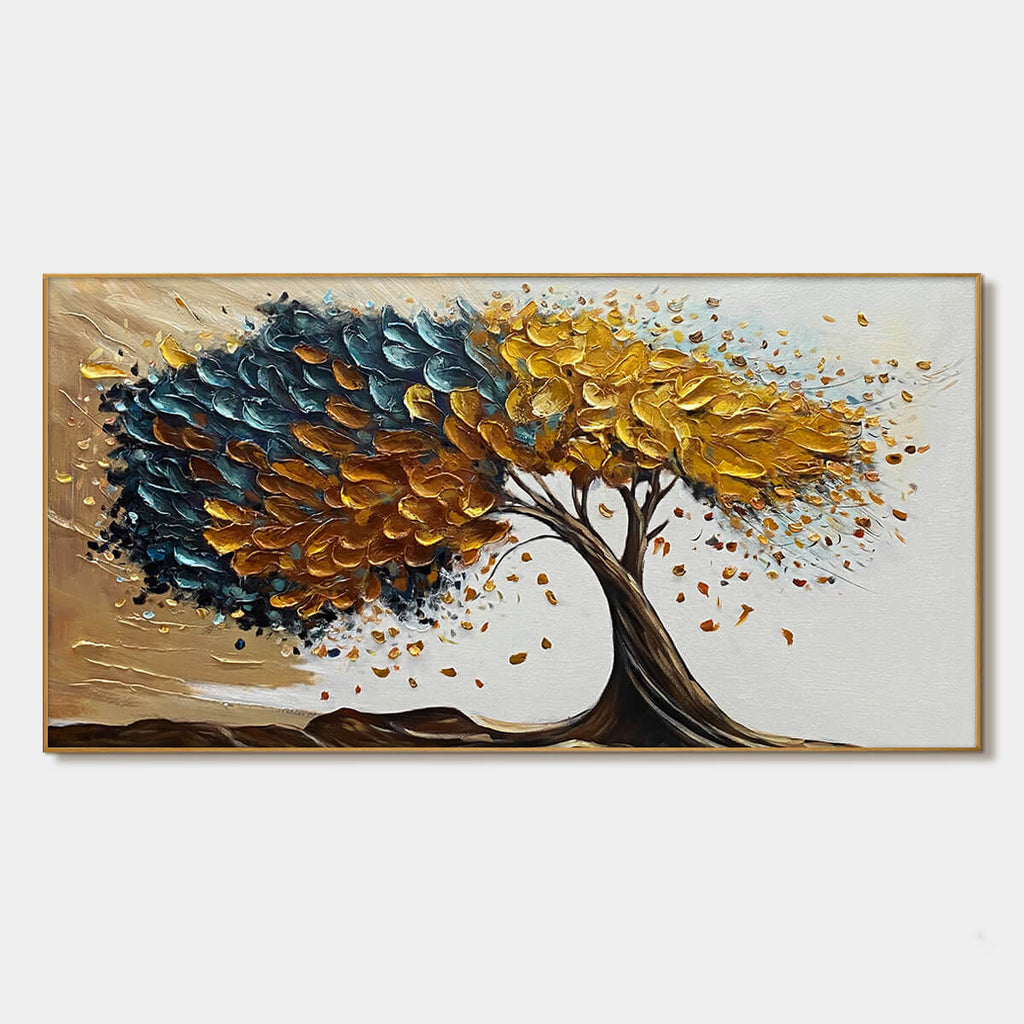 Golden Whispers: Textured Abstract Tree Oil Painting Canvas Wall Art 