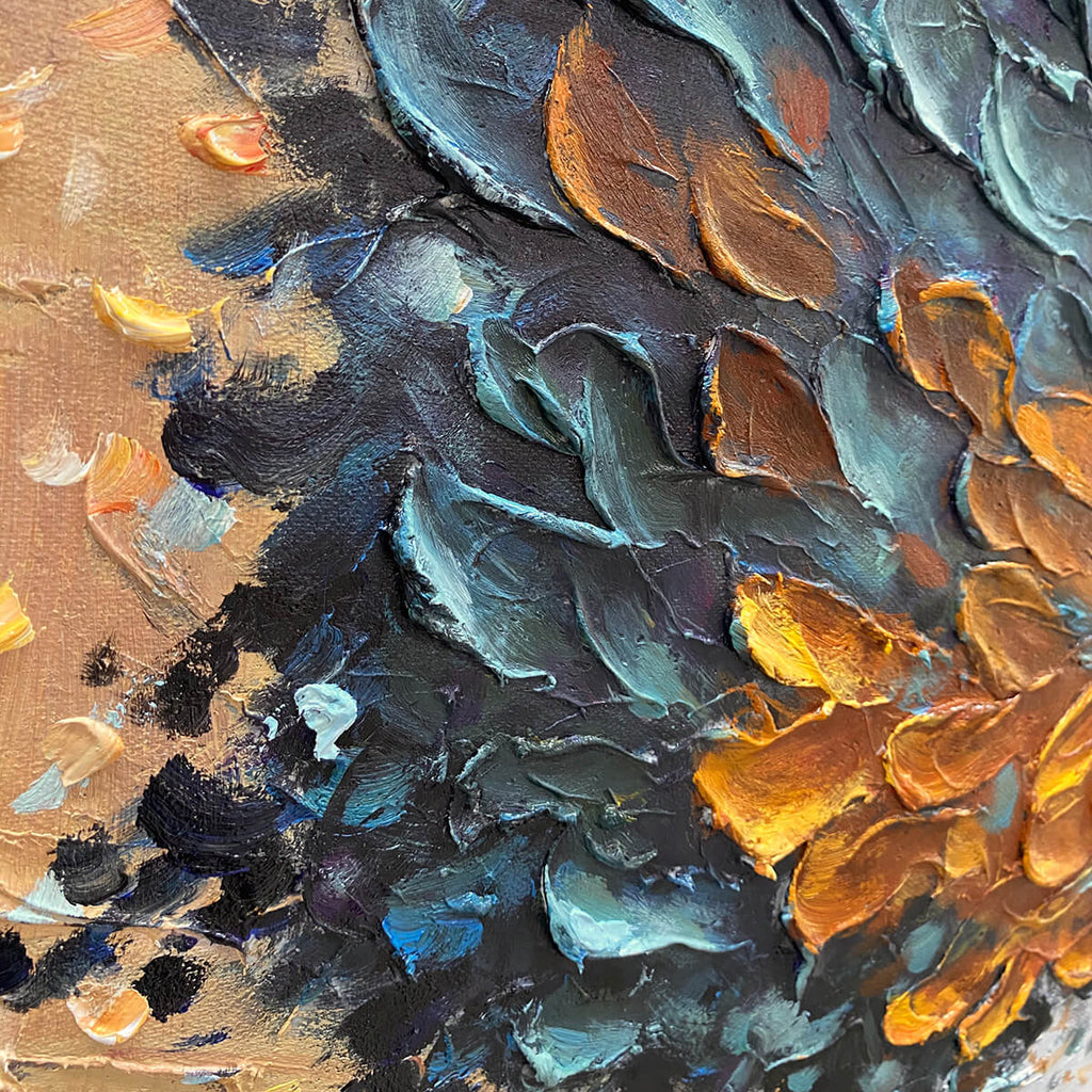 GOLDEN WHISPERS: Golden Blue Textured Tree Impasto Canvas