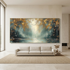 GOLDEN WHISPERS: Textured Misty Forest With Gold Accents Oil Canvas