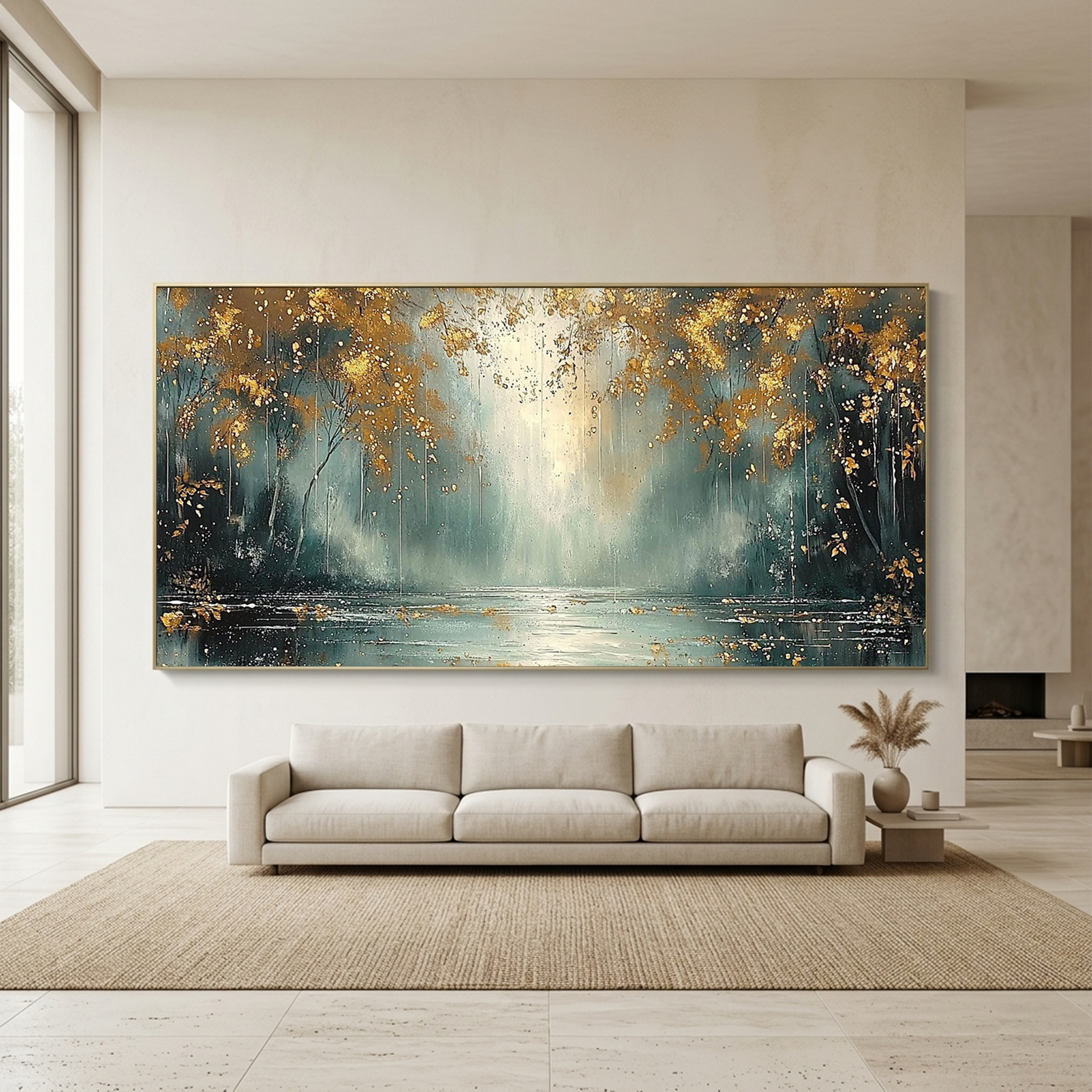 GOLDEN WHISPERS: Textured Misty Forest With Gold Accents Oil Canvas