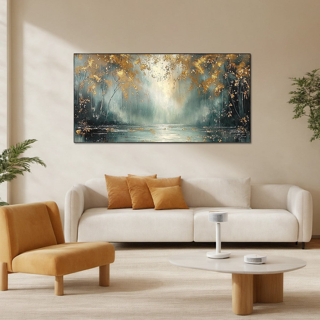 GOLDEN WHISPERS: Textured Misty Forest With Gold Accents Oil Canvas