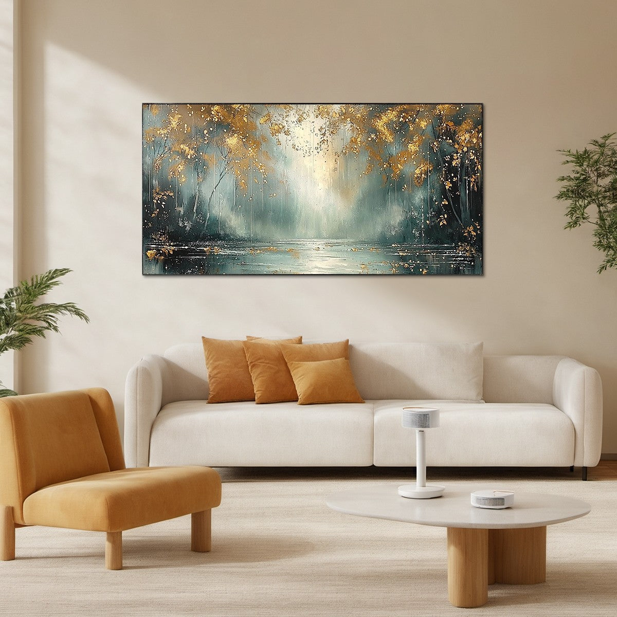 GOLDEN WHISPERS: Textured Misty Forest With Gold Accents Oil Canvas