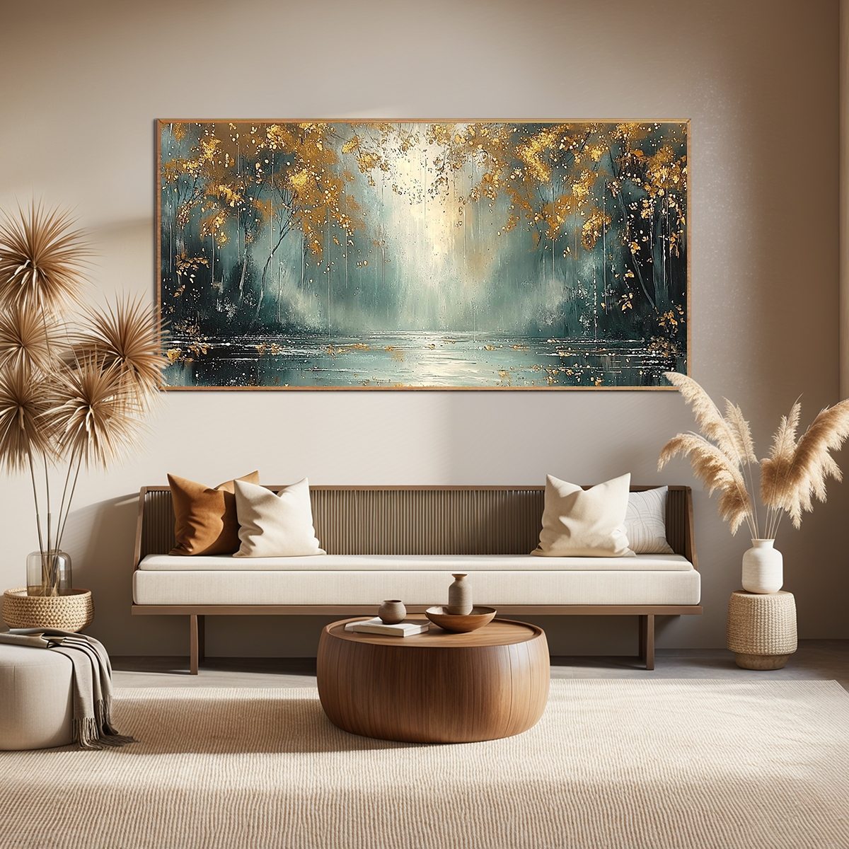 GOLDEN WHISPERS: Textured Misty Forest With Gold Accents Oil Canvas