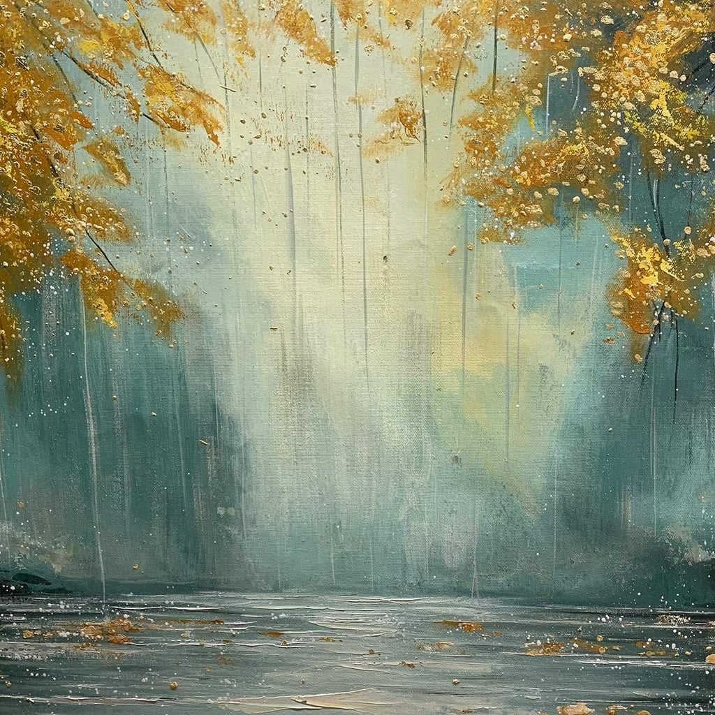 GOLDEN WHISPERS: Textured Misty Forest With Gold Accents Oil Canvas