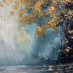 GOLDEN WHISPERS: Textured Misty Forest With Gold Accents Oil Canvas